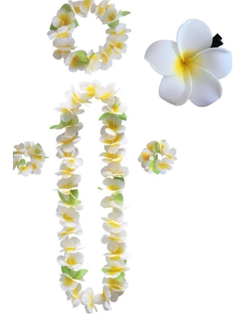 New 5-Piece Hawaiian Luau Flower Lei Set in White & Yellow